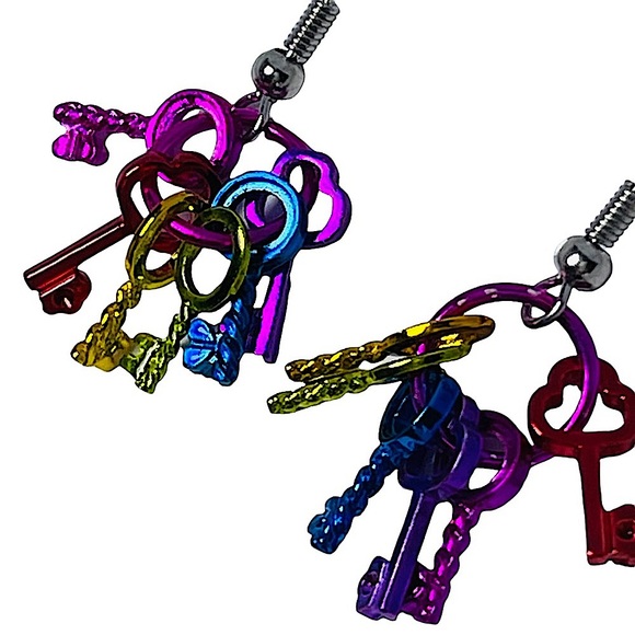 Rainbow metallic bright mini key dangle charm earrings NEW - Picture 4 of 11